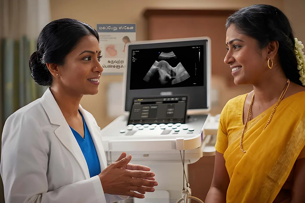 A smiling South Indian female doctor in a white lab coat explaining diagnostic results to a female patient in a yellow saree, with an ultrasound machine showing a pelvic scan in the background.