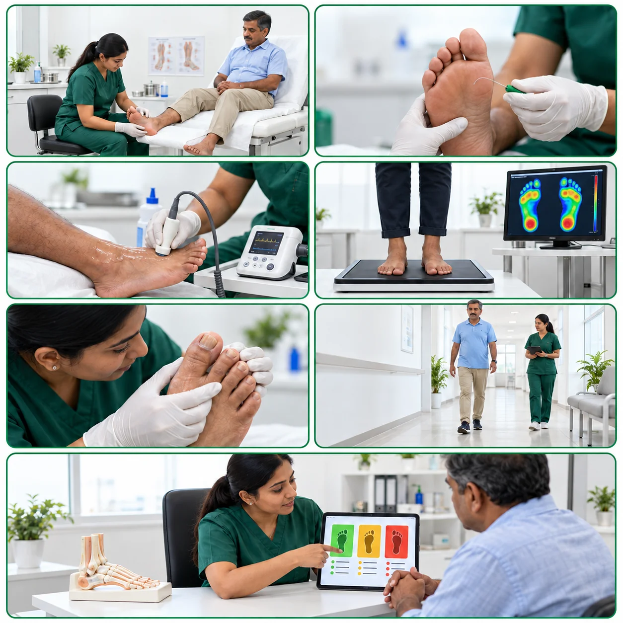 Seven-panel diabetic foot assessment collage