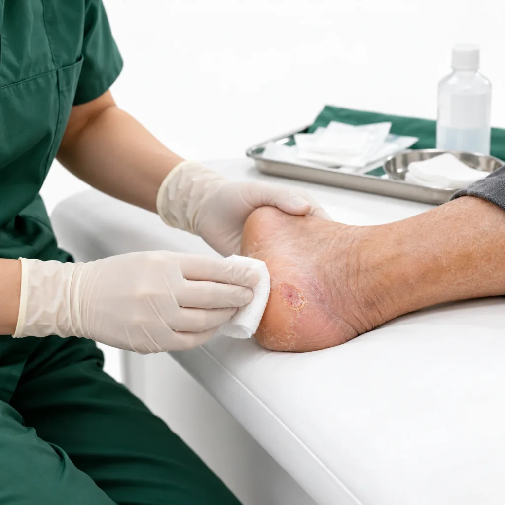 Sterile cleansing of a heel ulcer
