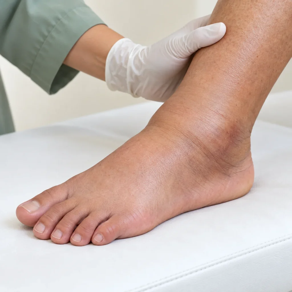 Subtle ankle swelling and skin discoloration